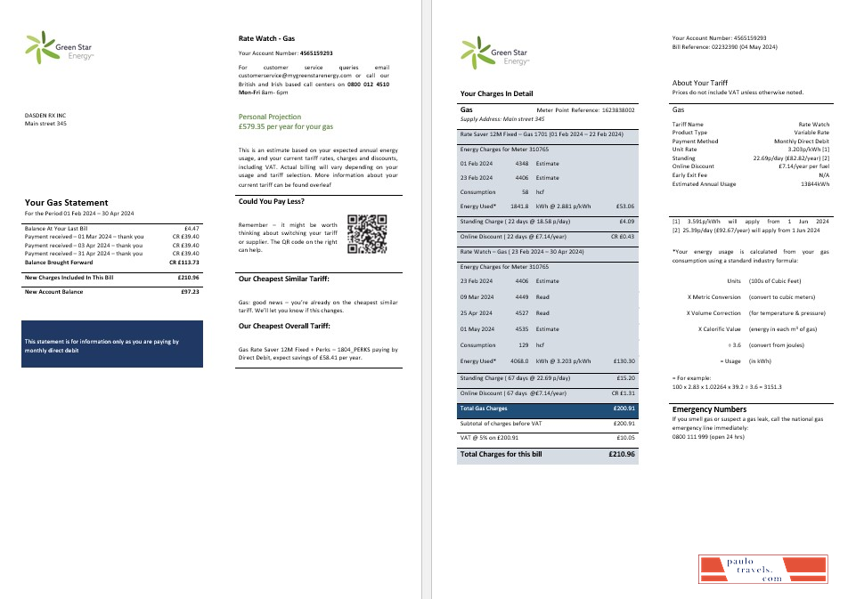 United Kingdom Green Star Energy energy business utility bill Word and PDF formats, 3 pages